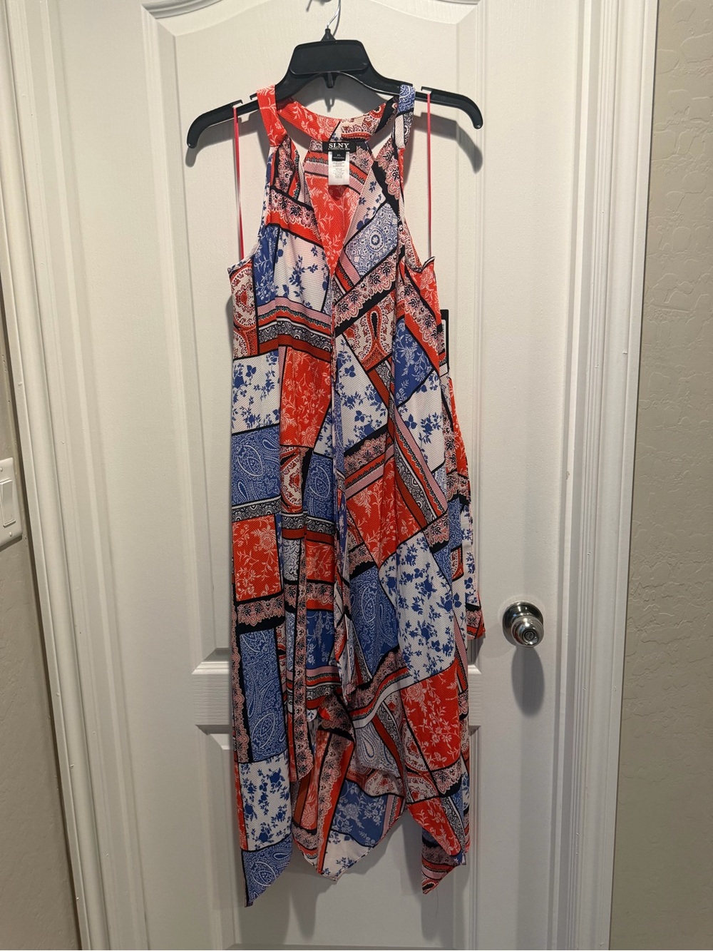 SLNY Patchwork Print Sleeveless Maxi Dress - Red, Blue & White
